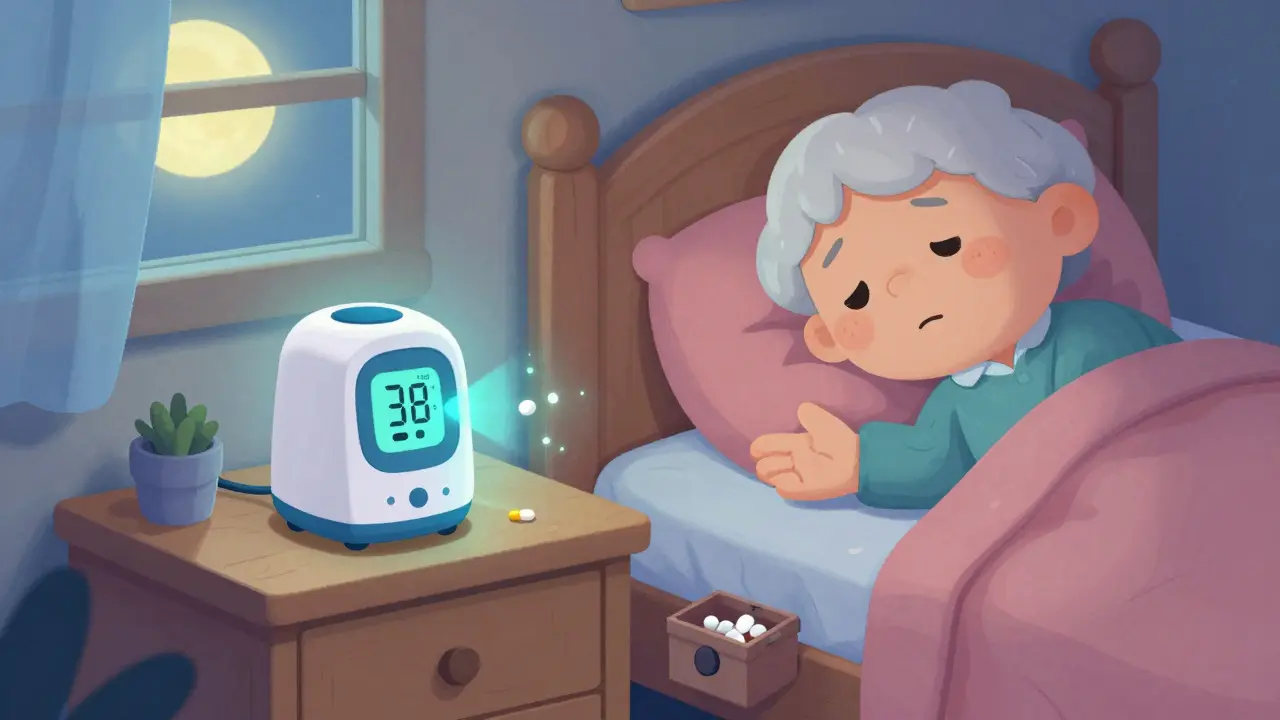 Digital pill dispenser glowing at night, grandparent confused, locked box under bed.