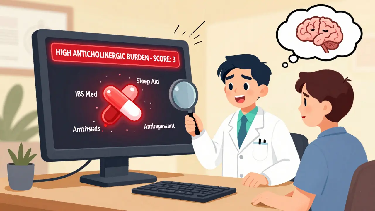 Doctor's computer screen flashing a red alert for high anticholinergic drug burden.