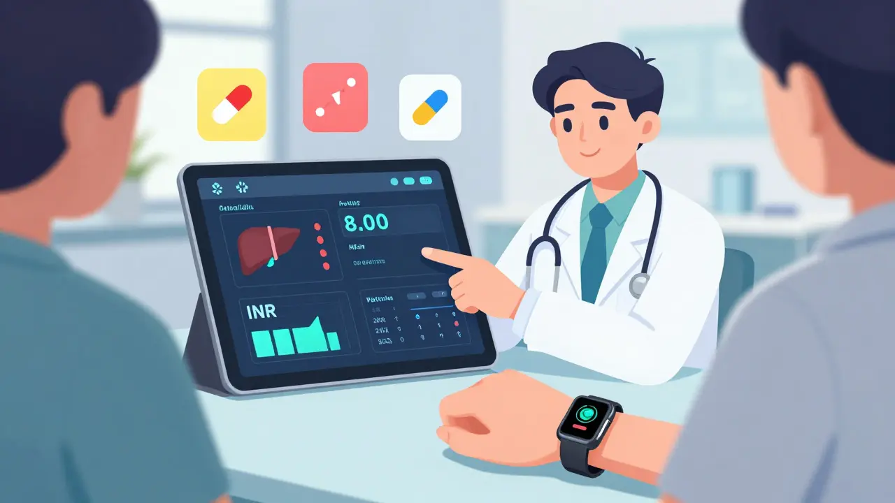 Doctor reviewing real-time health data from a wearable and digital dashboard during a consultation.