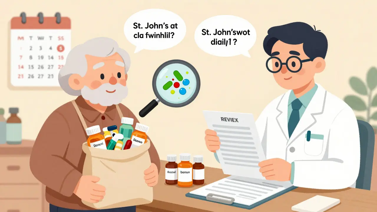 Elderly person and pharmacist conducting a medication review with pill bottles and interaction warnings.