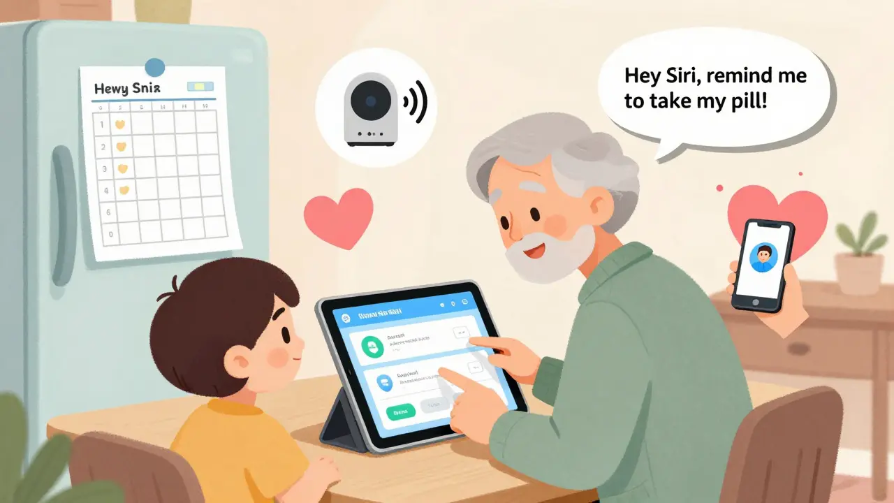 Family helping an older adult set up a medication app on a tablet, with printed schedule on fridge and voice assistant icon.