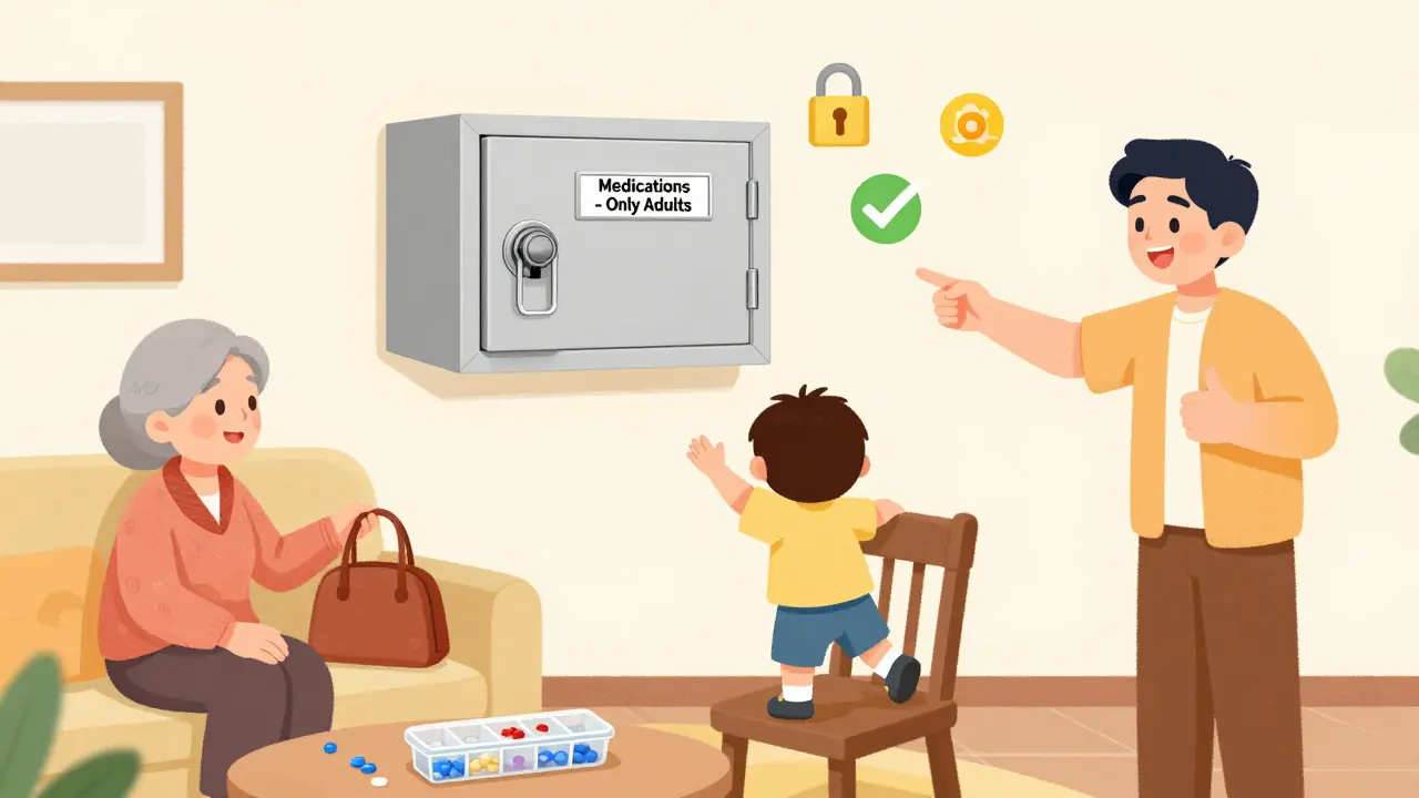 Family with a locked medicine safe on the wall, child trying to reach pills in a purse.