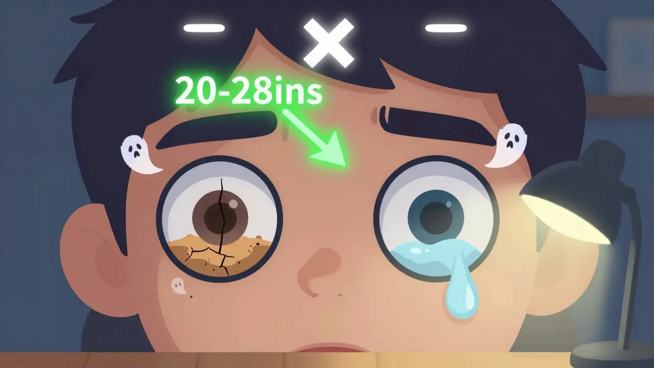 Magnified cartoon eyes showing dryness and watering, with screen distance markers and soft desk lamp lighting.