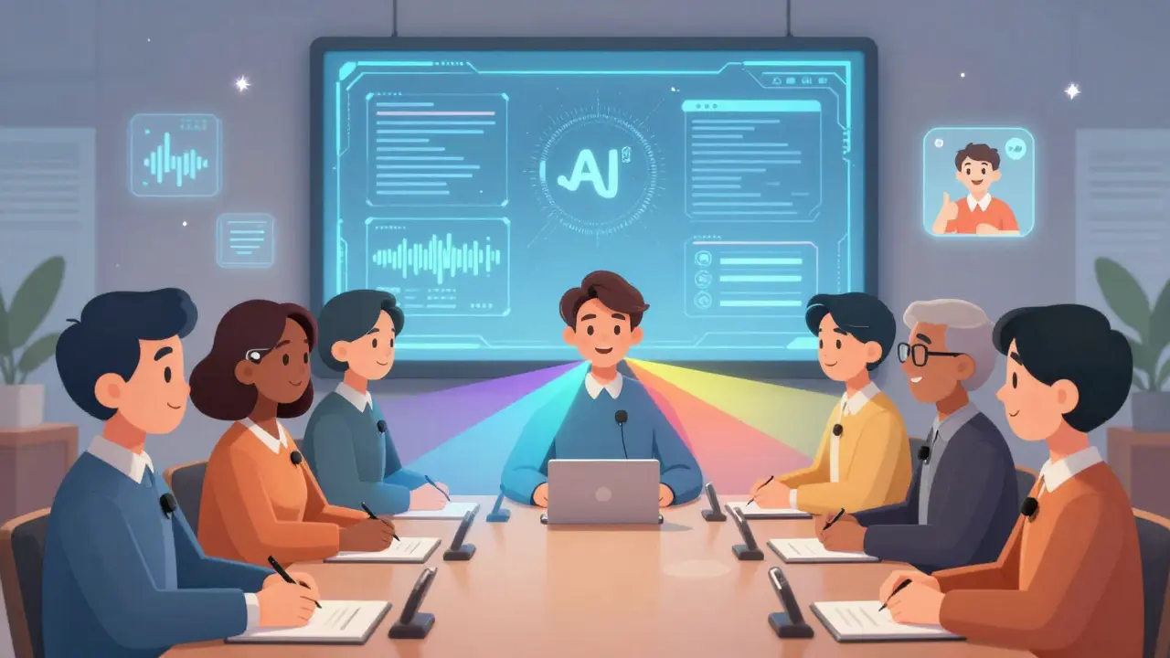 Multiple people in a meeting wear microphones that send clear speech signals to one person’s hearing aid, with AI-enhanced sound visualization.