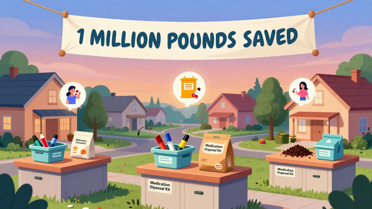 Neighborhood homes with disposal kits, people using pharmacy drop-offs and mail-back programs.