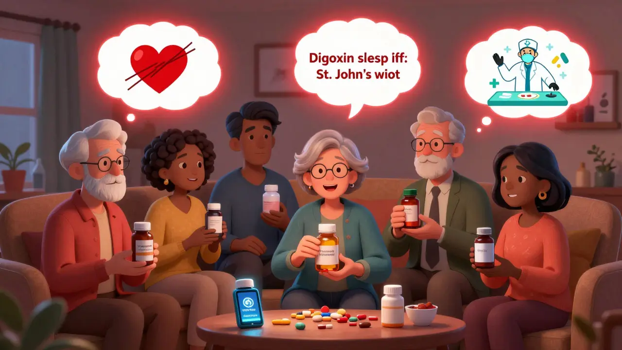 Older adults with supplement bottles, each thought bubble showing dangerous medication interactions.