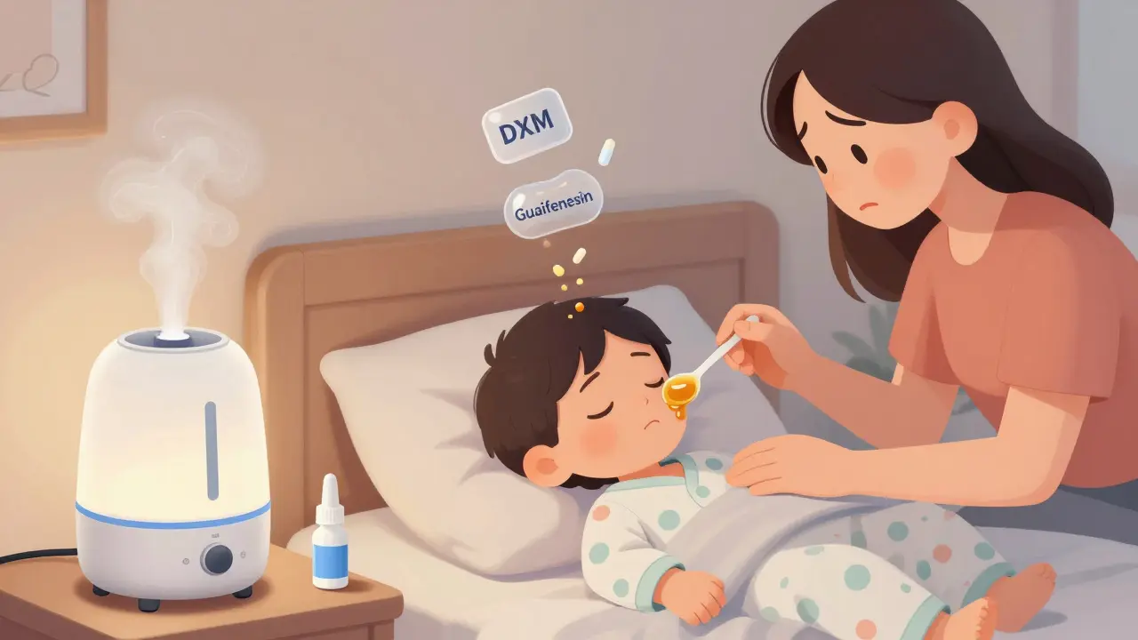 Parent giving honey to a toddler at night with humidifier and saline nearby, ineffective pills turning to dust.