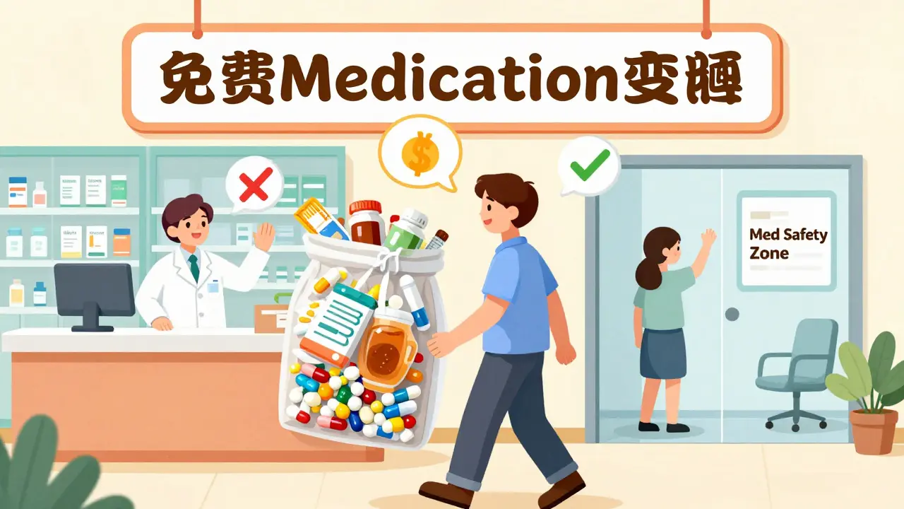 Patient entering pharmacy with bags of meds, guided toward a free medication review service.