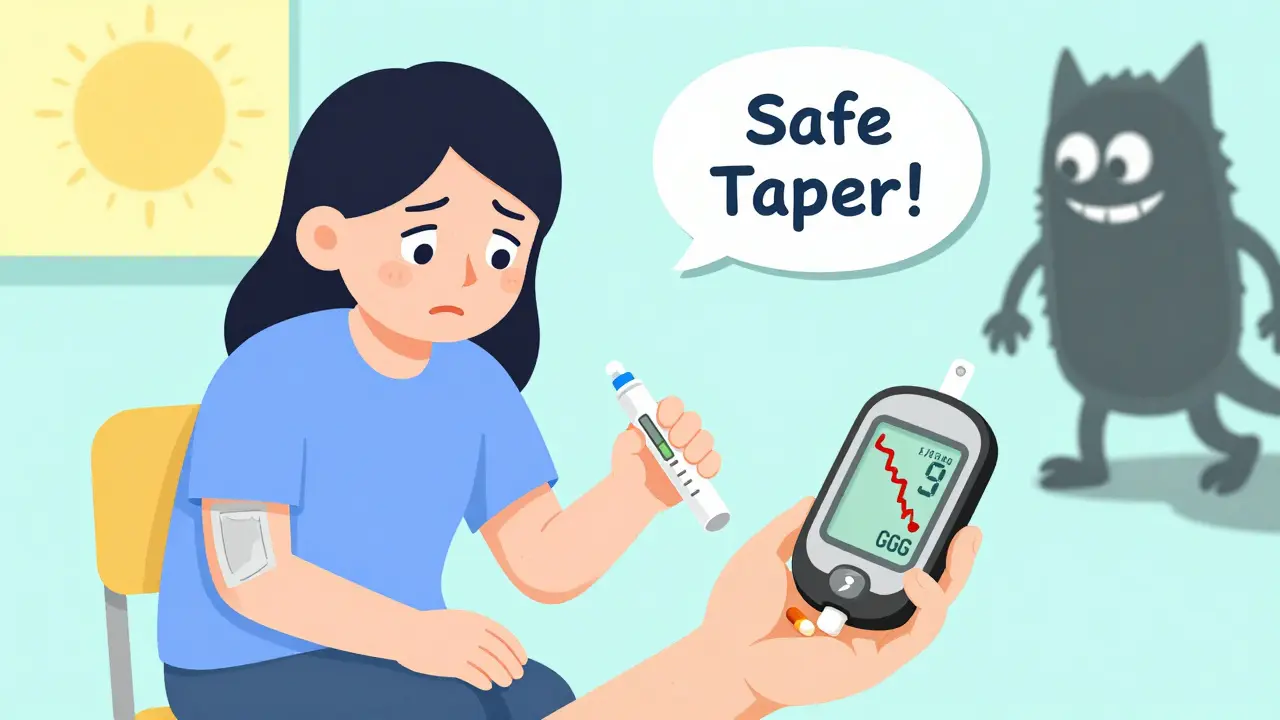 Patient lowering insulin as steroid shrinks, CGM shows safe glucose trend while hypoglycemia monster flees.