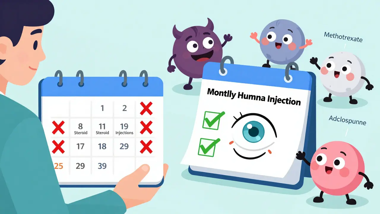 Patient switching from steroid injections to monthly biologic shots with side effects being pushed away