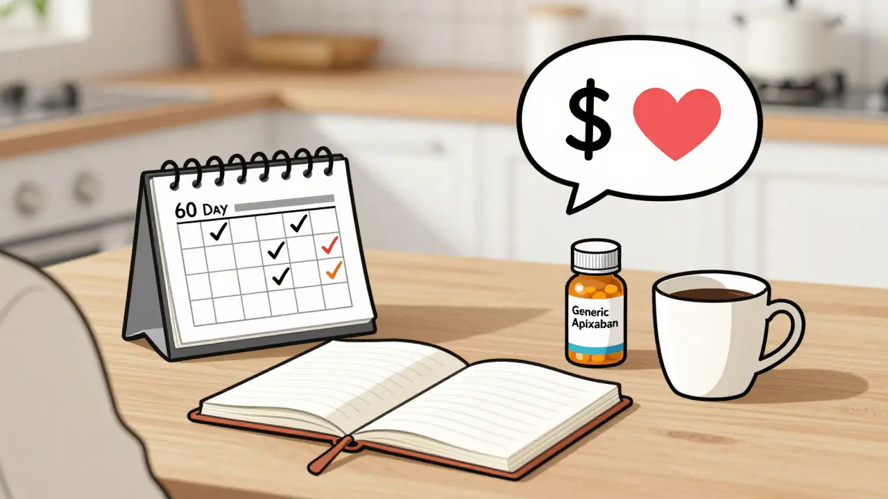Patient tracks symptoms in journal beside generic pill bottle, with dollar sign turning into heart above.