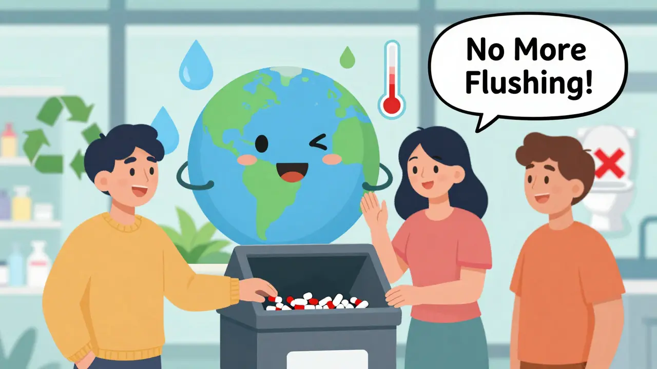 People dropping expired medications into a community take-back bin outside a pharmacy, with an earth icon smiling.