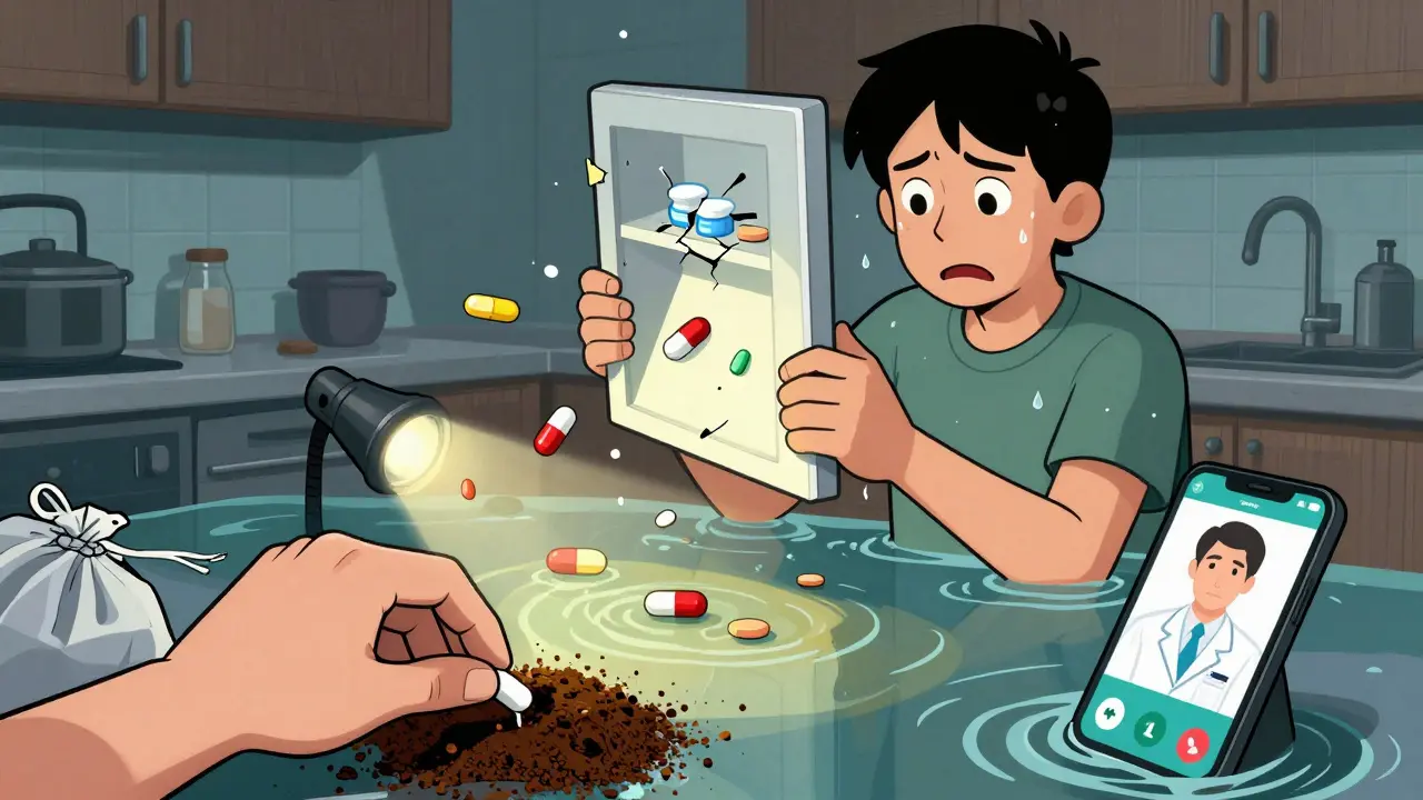 Person discarding water-damaged expired pills in trash mixed with coffee grounds during a flood.