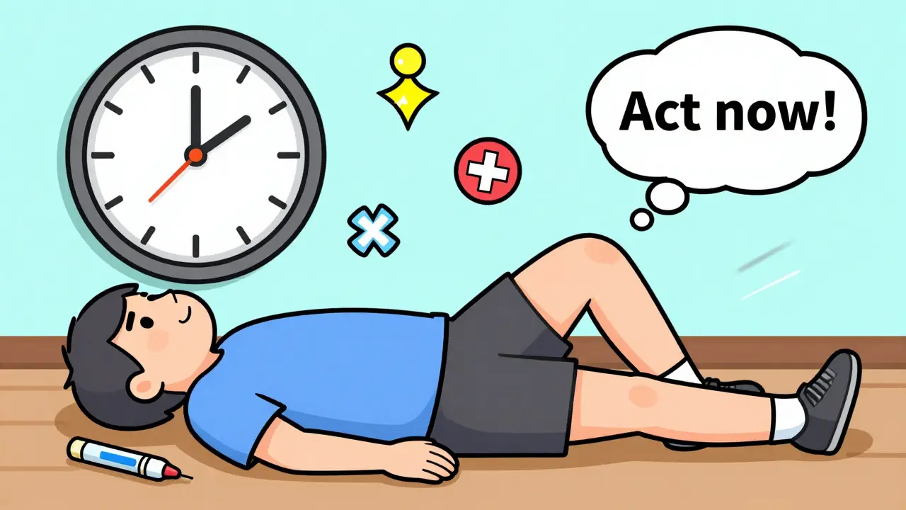 Person injecting epinephrine into thigh on floor, clock ticking, second injector nearby.