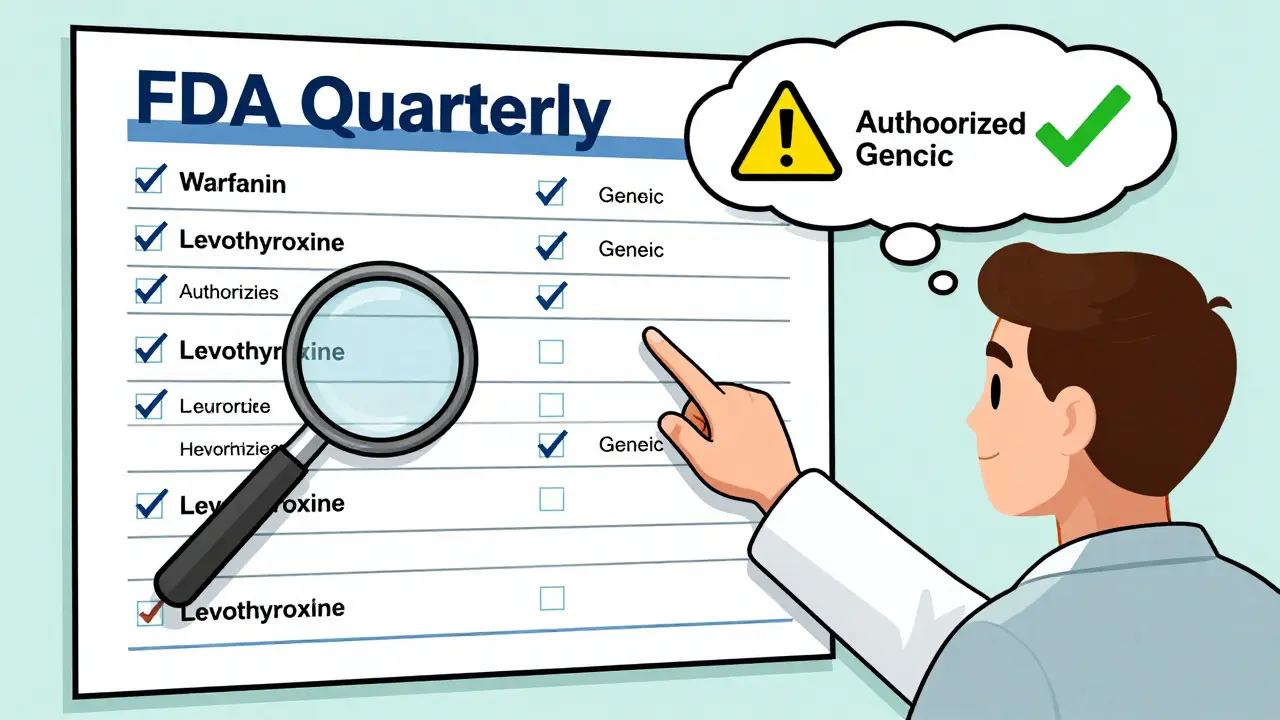 Pharmacist explains authorized generics using an FDA list and NDC codes on a wall chart.