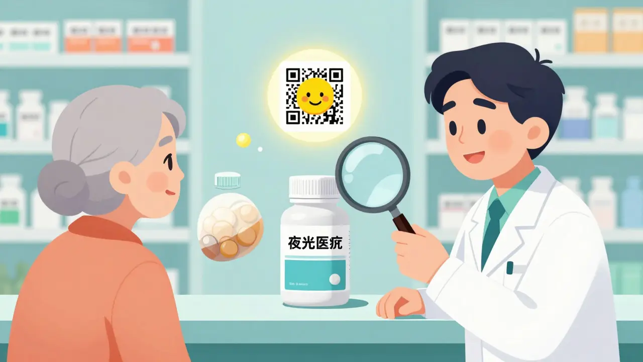 Pharmacist shows senior patient side-by-side brand and generic pills with QR code floating above, explaining equivalence.