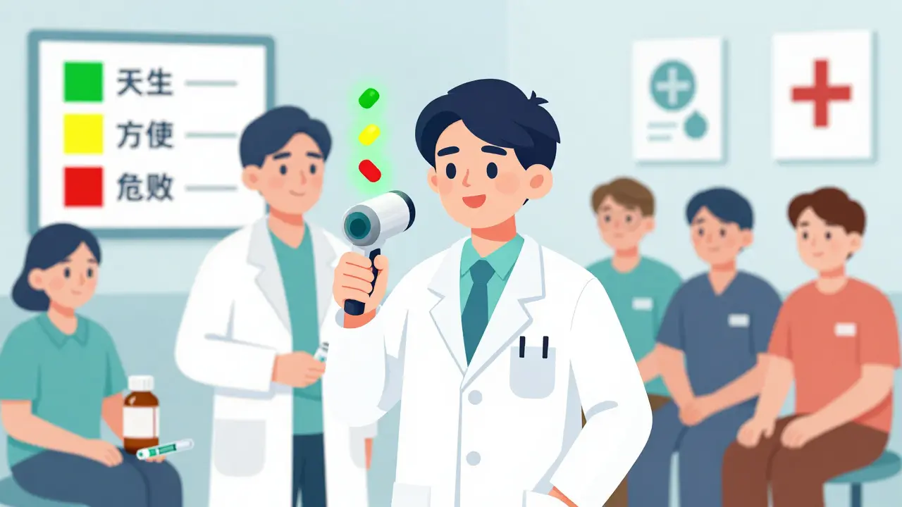 Pharmacist using a handheld device to test pill potency, with color-coded safety indicators floating above.