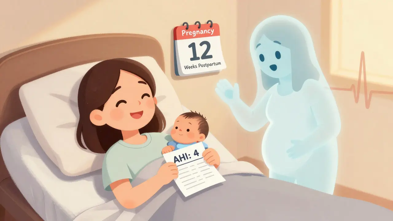 Postpartum woman smiling at a sleep report while a fading ghost of her pregnant self waves goodbye.