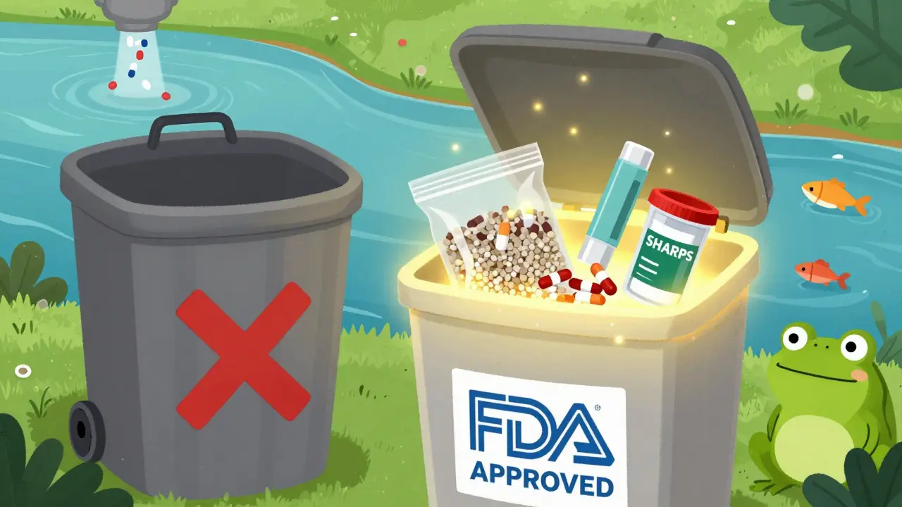 Safe disposal bin with pills and cat litter mixture, sharps container, and inhaler inside, glowing safely.
