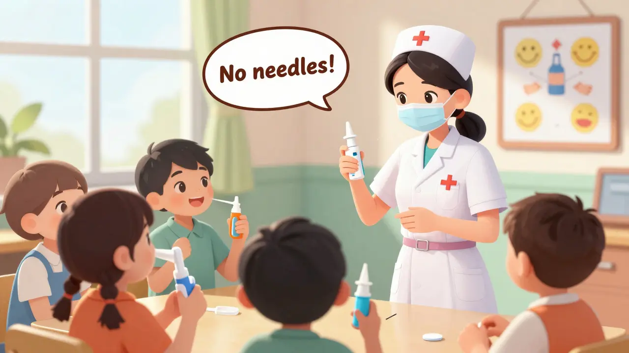 School nurse and children watching nasal epinephrine spray being used, trainer devices in hand.