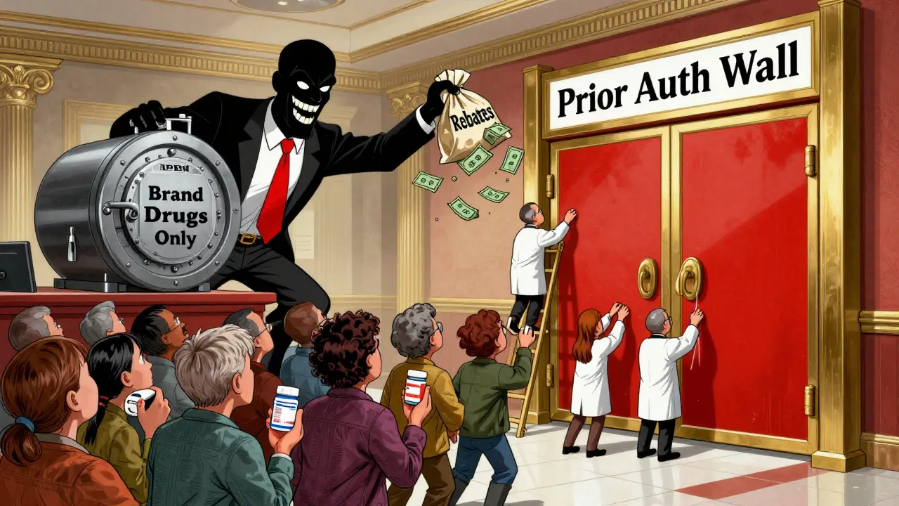 Shadowy executive hoarding rebates while patients are blocked from affordable generics by a wall of bureaucracy.