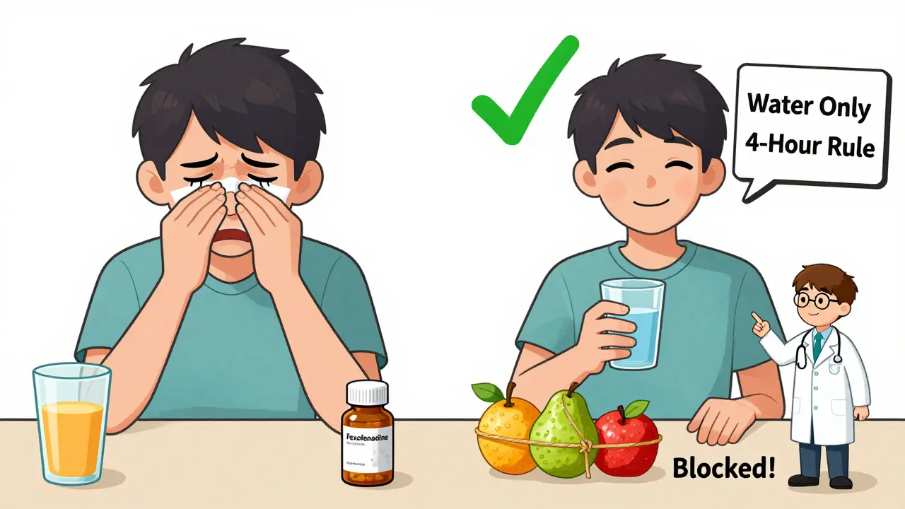 Split cartoon scene: miserable person with juice vs. happy person with water, offending fruits tied up with 'Blocked' labels.