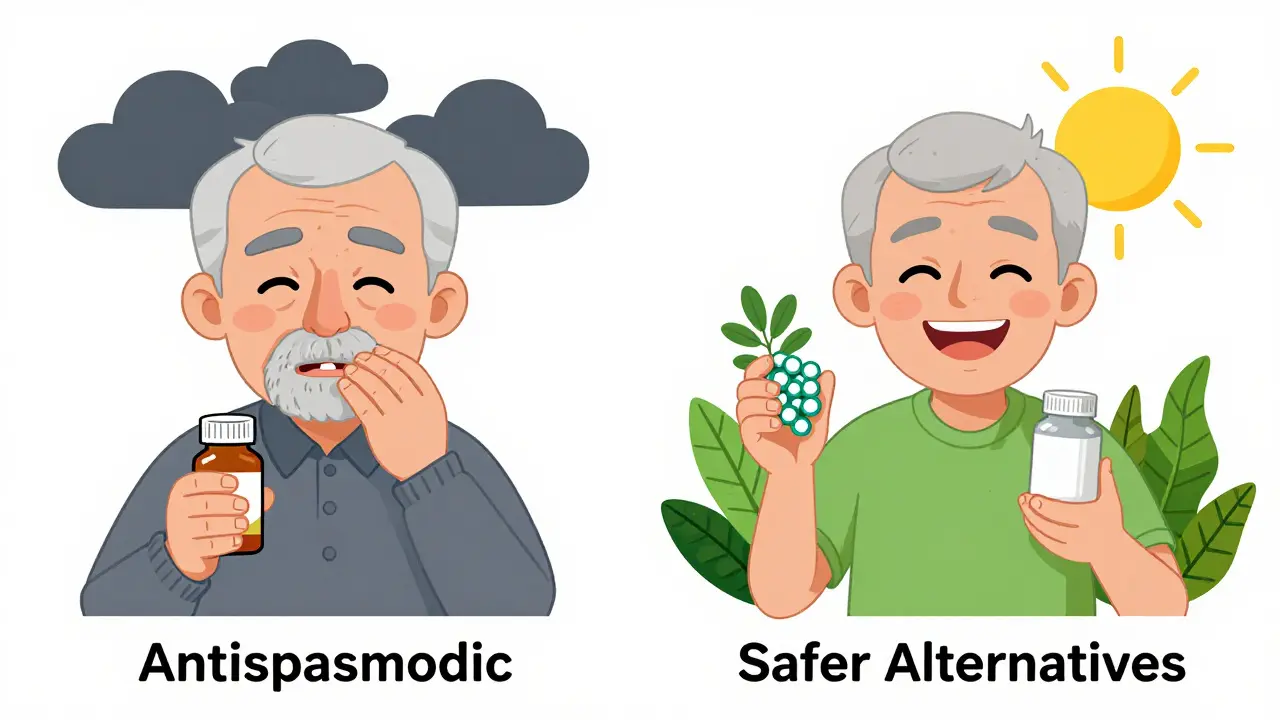 Split illustration showing risky medication side effects versus safer alternative treatments.