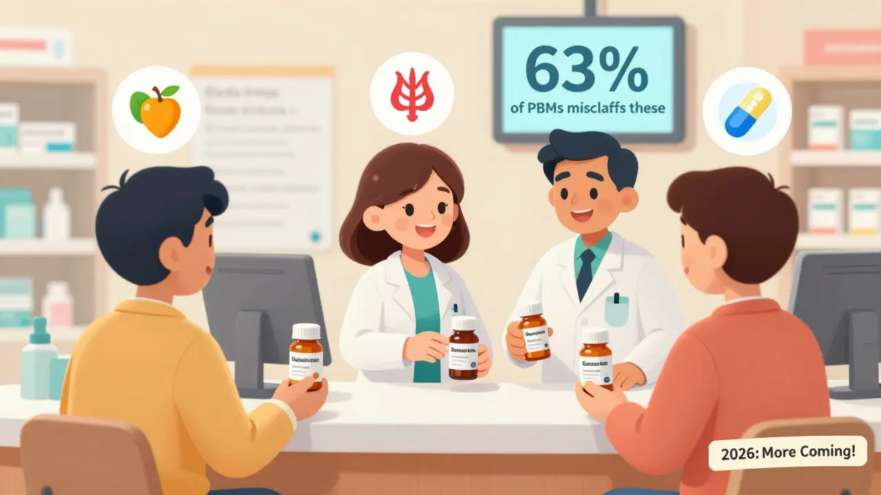 Three patients with different health needs each receive authorized generics from a pharmacist at the counter.