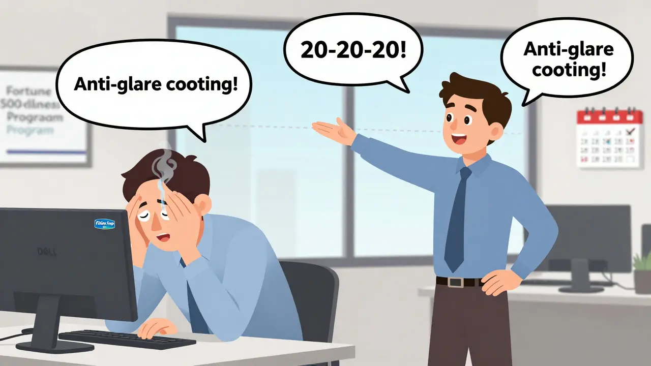 Two coworkers: one suffering from eye strain, other practicing good ergonomics with screen distance check.