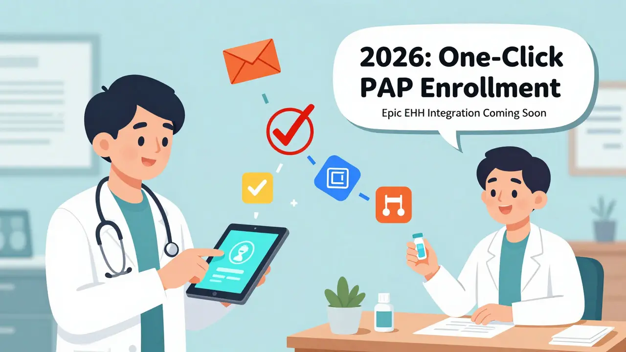 A doctor clicks a button to enroll a patient in a patient assistance program with instant approval icons.