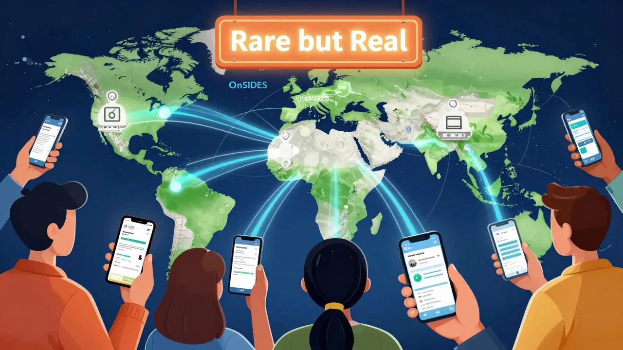 A global network of devices showing real-world drug side effect reports from multiple countries.