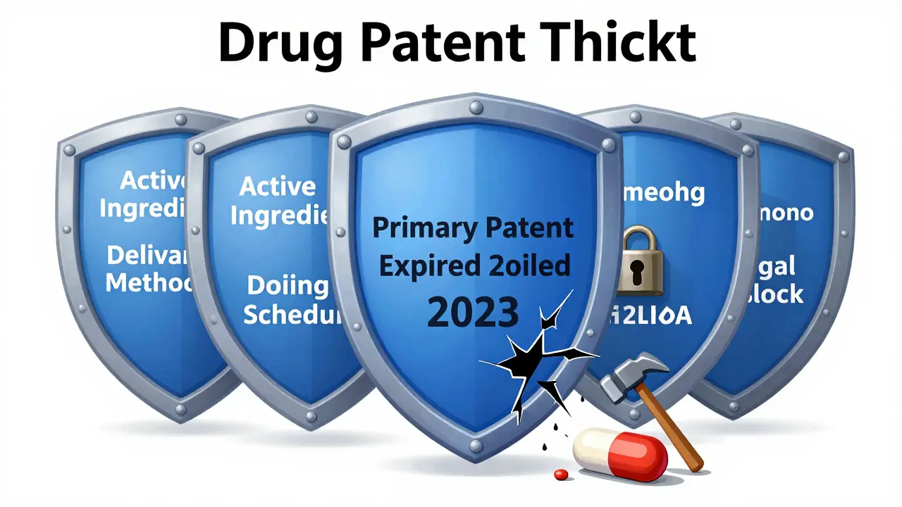 A layered patent shield blocking generic pills, with secondary patents delaying market entry until 2030.