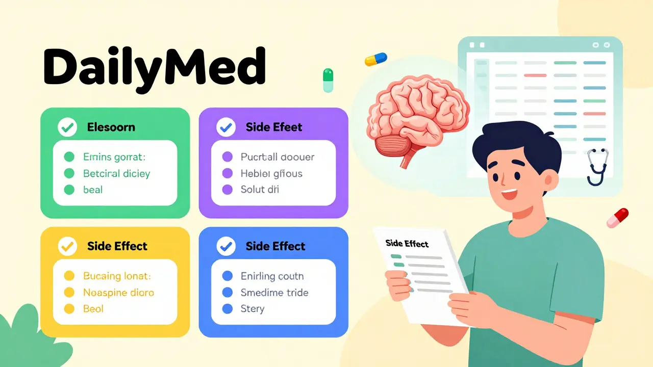 A person reading simplified drug information from a DailyMed-style panel with an AI scanning labels in the background.