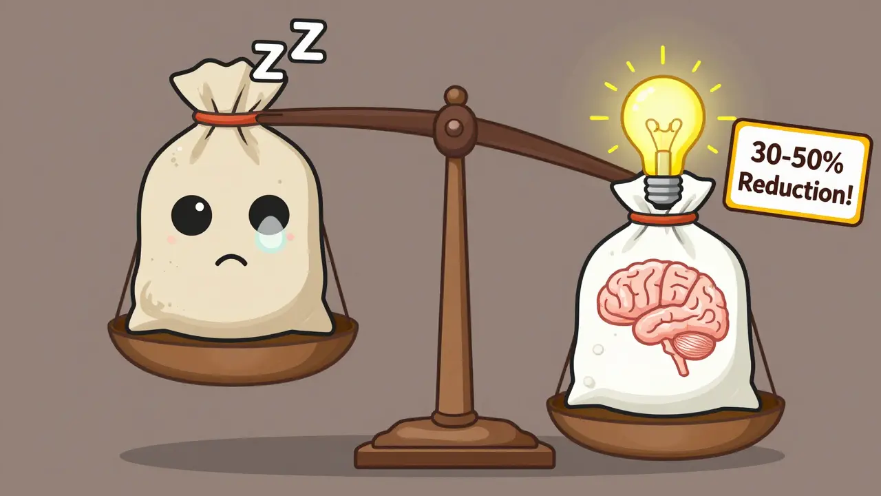 Balance scale comparing heavy morphine dose with lighter methadone dose, showing reduced side effects and clearer thinking.