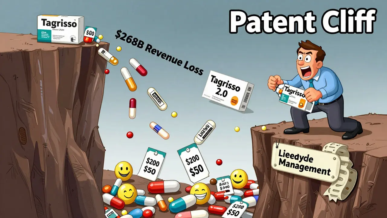 Brand-name drugs falling off a cliff into a valley of cheap generics as pharmaceutical companies try to cling to profits.