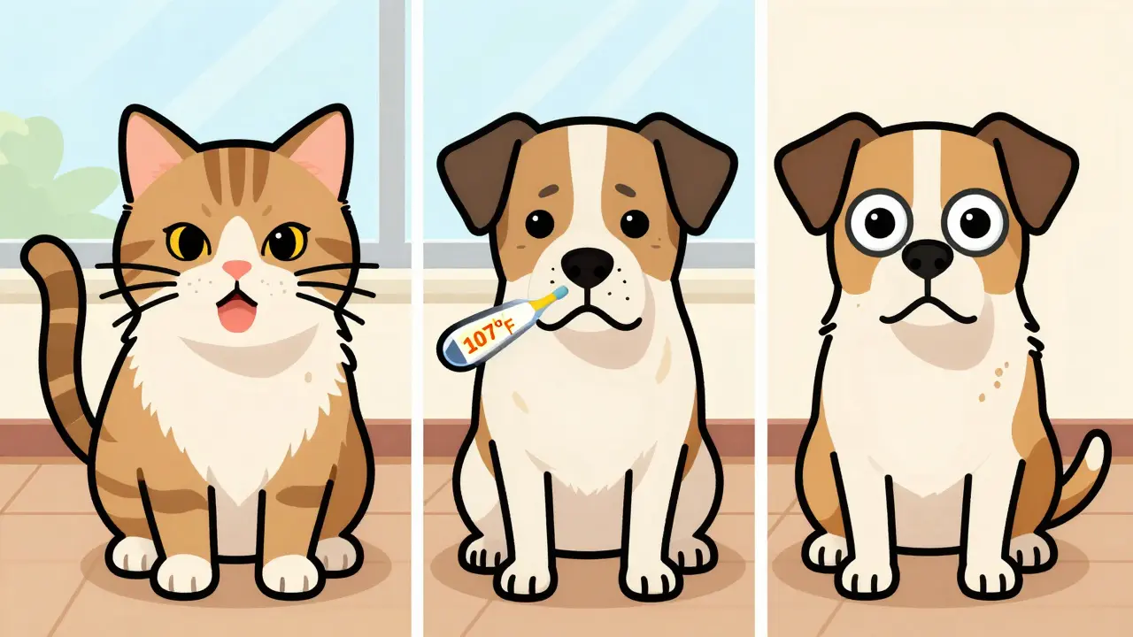 Cat with brown gums, dog with tremors, dilated pupils from overdose.