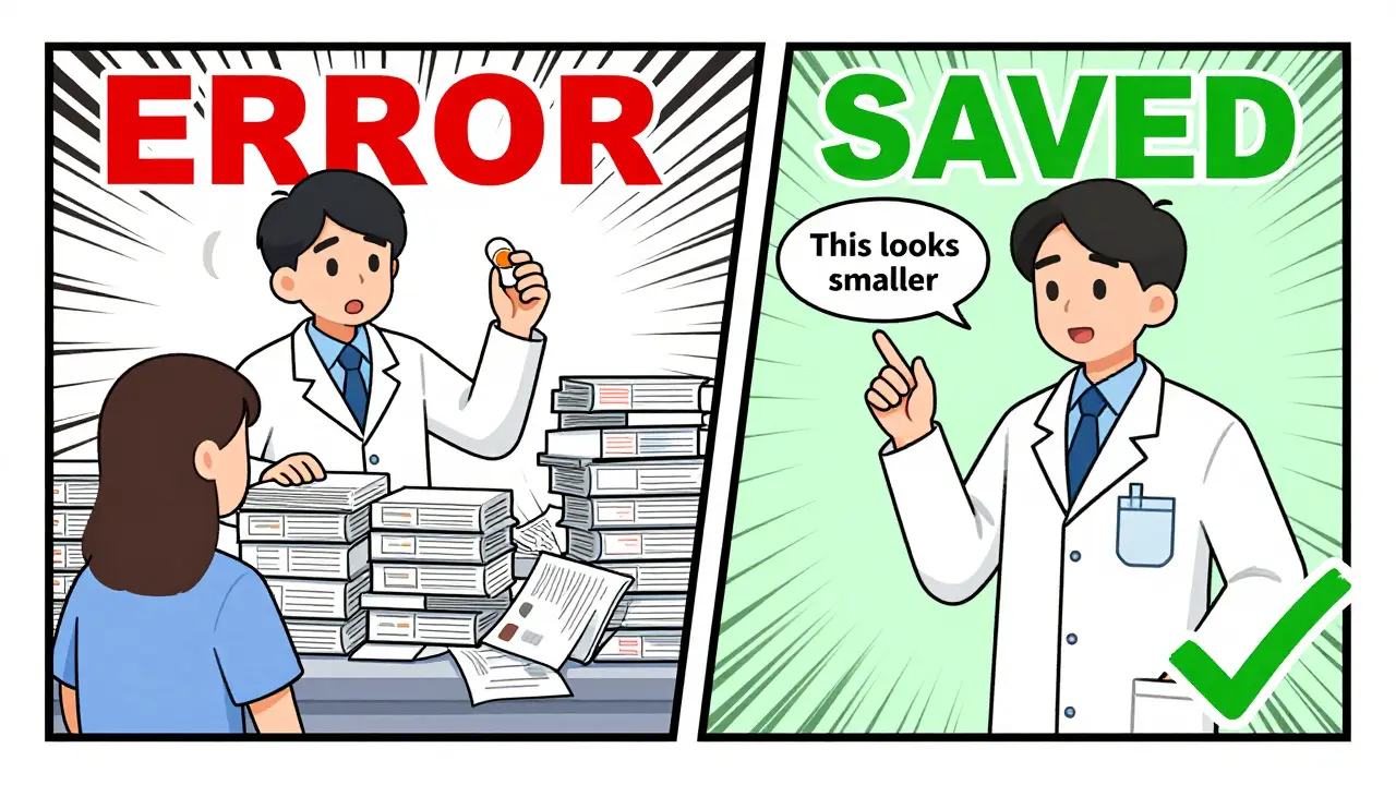 Contrasting scene: rushed pharmacy with error vs. calm counseling session where patient notices pill size difference.