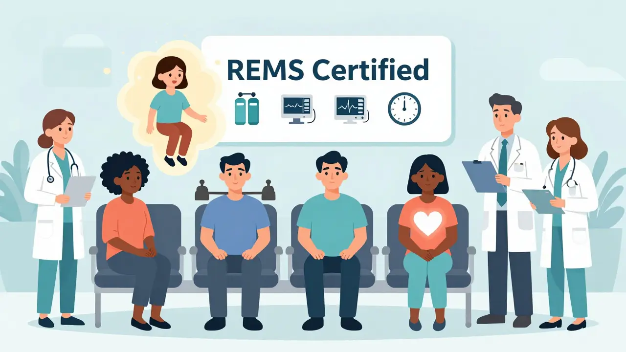 Diverse patients in a clinic, each with symbolic visuals of their esketamine experience, watched over by trained medical staff.
