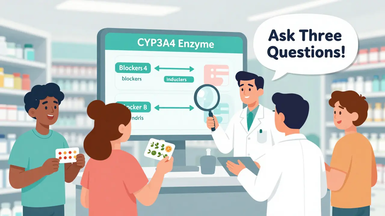 Diverse patients in pharmacy with medication lists, pharmacist examining enzyme chart