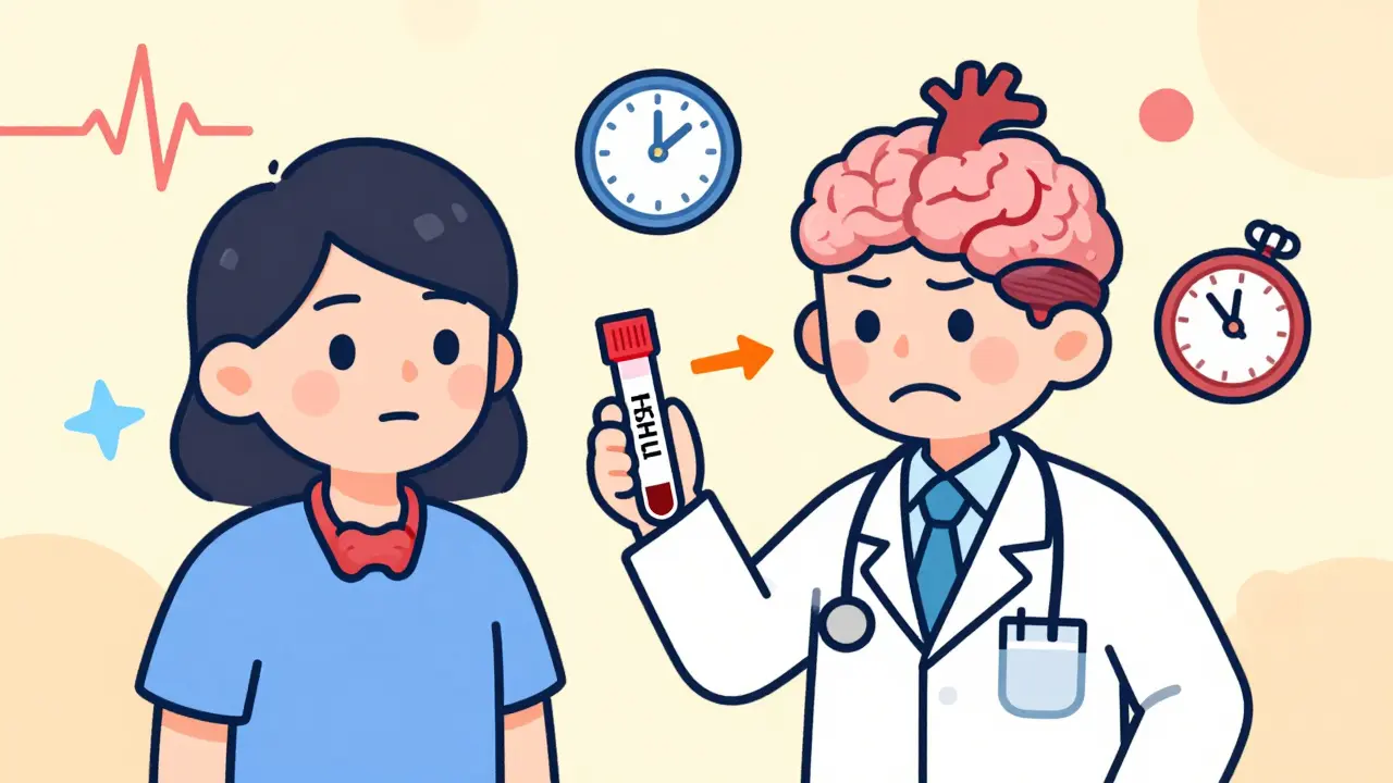 Doctor holding TSH test as patient shows two contrasting faces of ADHD and hyperthyroidism
