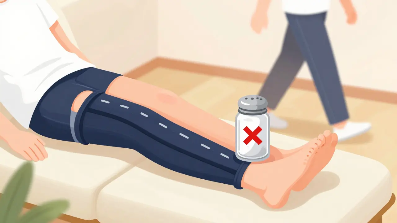 Elevated legs with compression stockings and salt shaker with red X symbol
