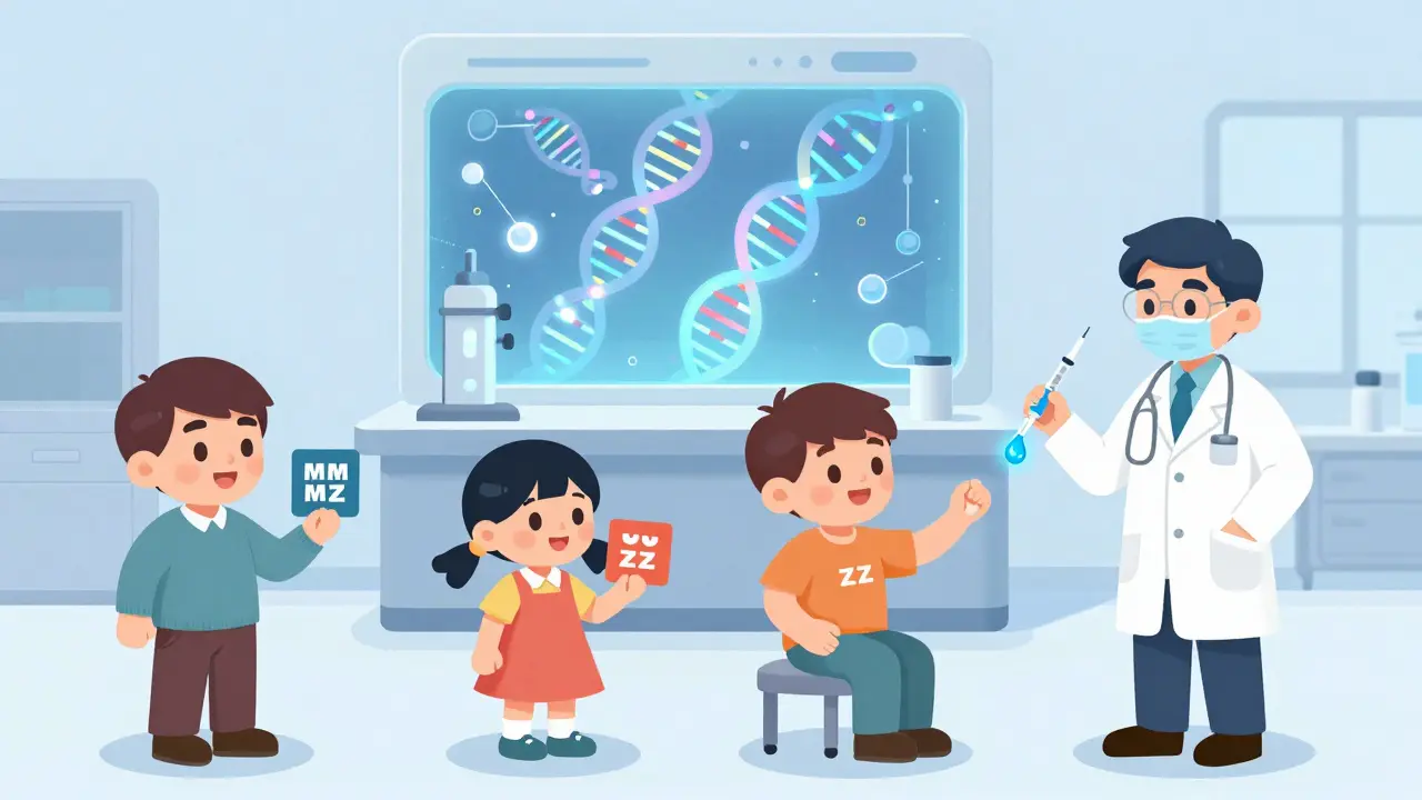 Family tree with gene cards and a subcutaneous AAT injection, with gene editing in the background.