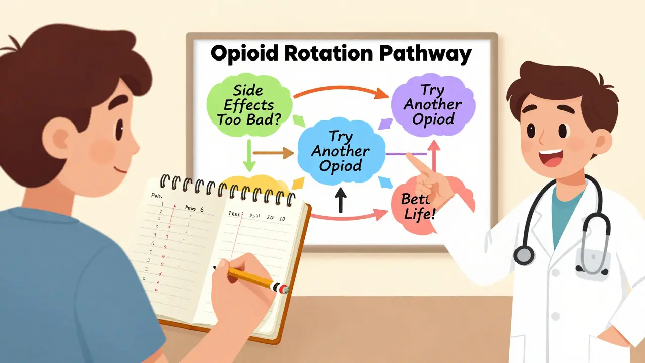 Patient journaling pain and side effects while doctor explains opioid rotation using a colorful flowchart.