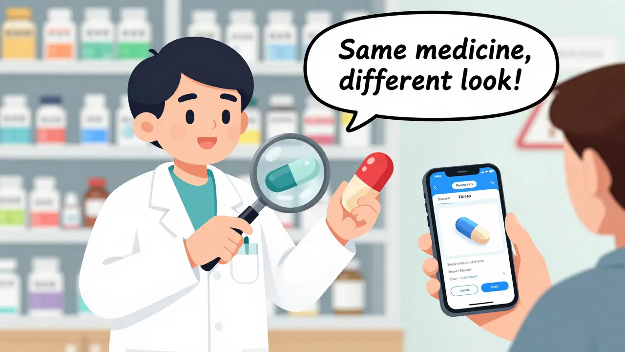 Pharmacist helping patient identify a pill using a phone app, with colorful generic pills in background.