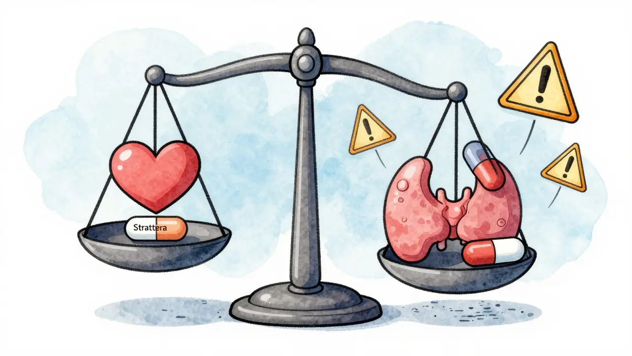 Scale balancing safe Strattera pill against dangerous Adderall pills crushing thyroid