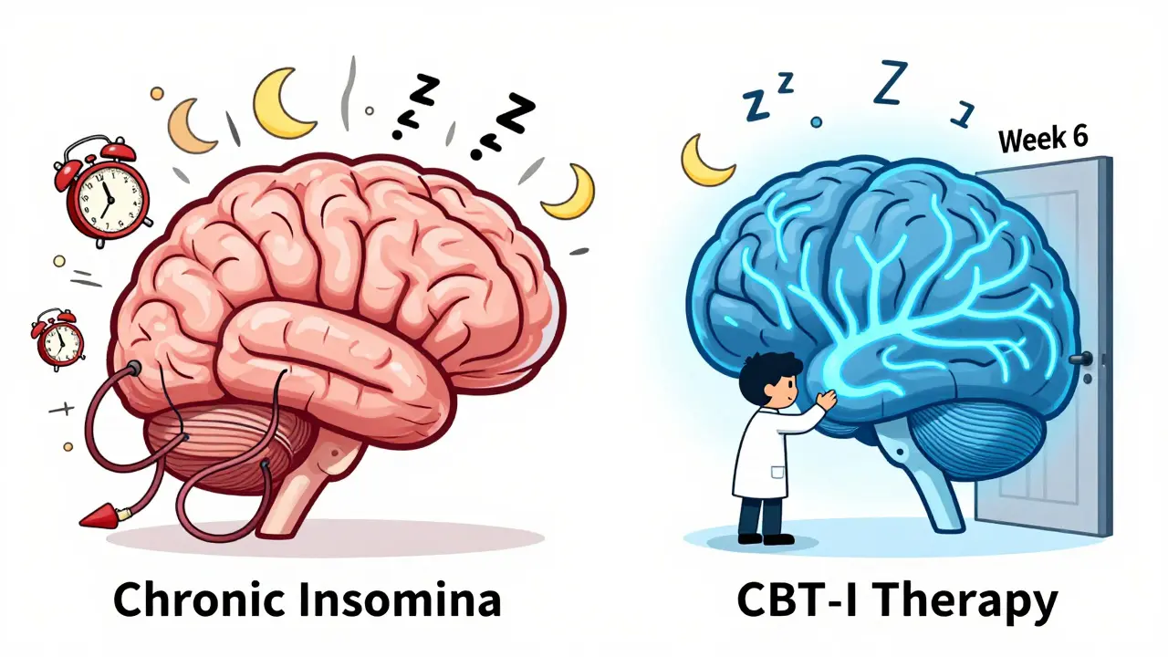 A brain split between chaotic insomnia and calm CBT-I therapy pathways, with a therapist guiding progress.
