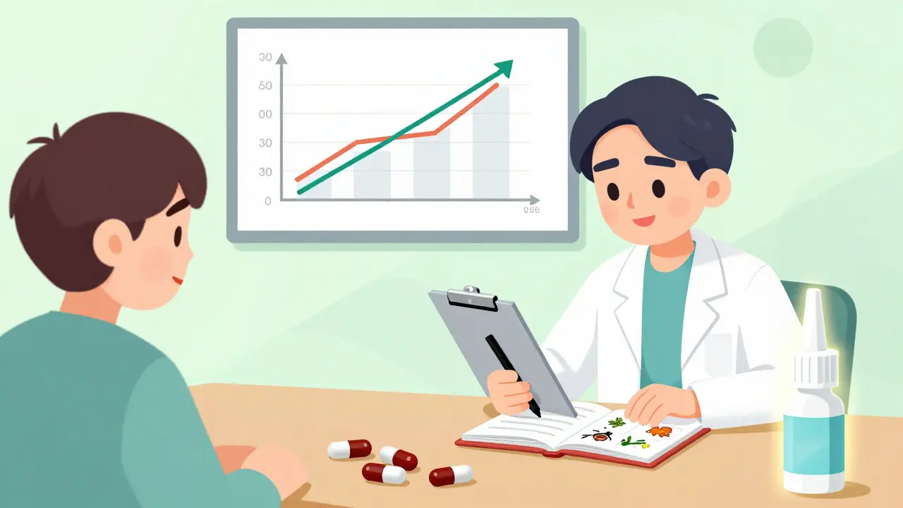 A patient and doctor reviewing an allergy journal, with rising symptom charts and a nasal spray bottle shining brightly as the best solution.