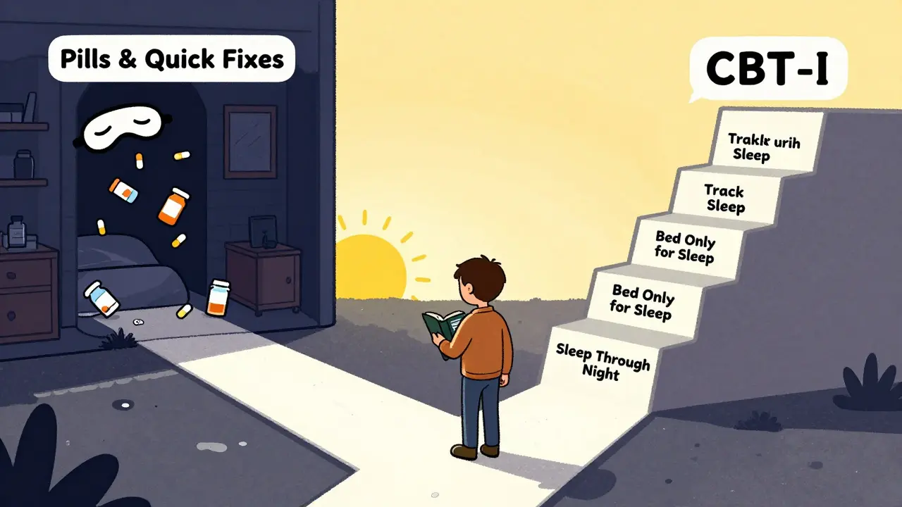 A person choosing the CBT-I path over quick fixes, climbing steps labeled with sleep recovery strategies.