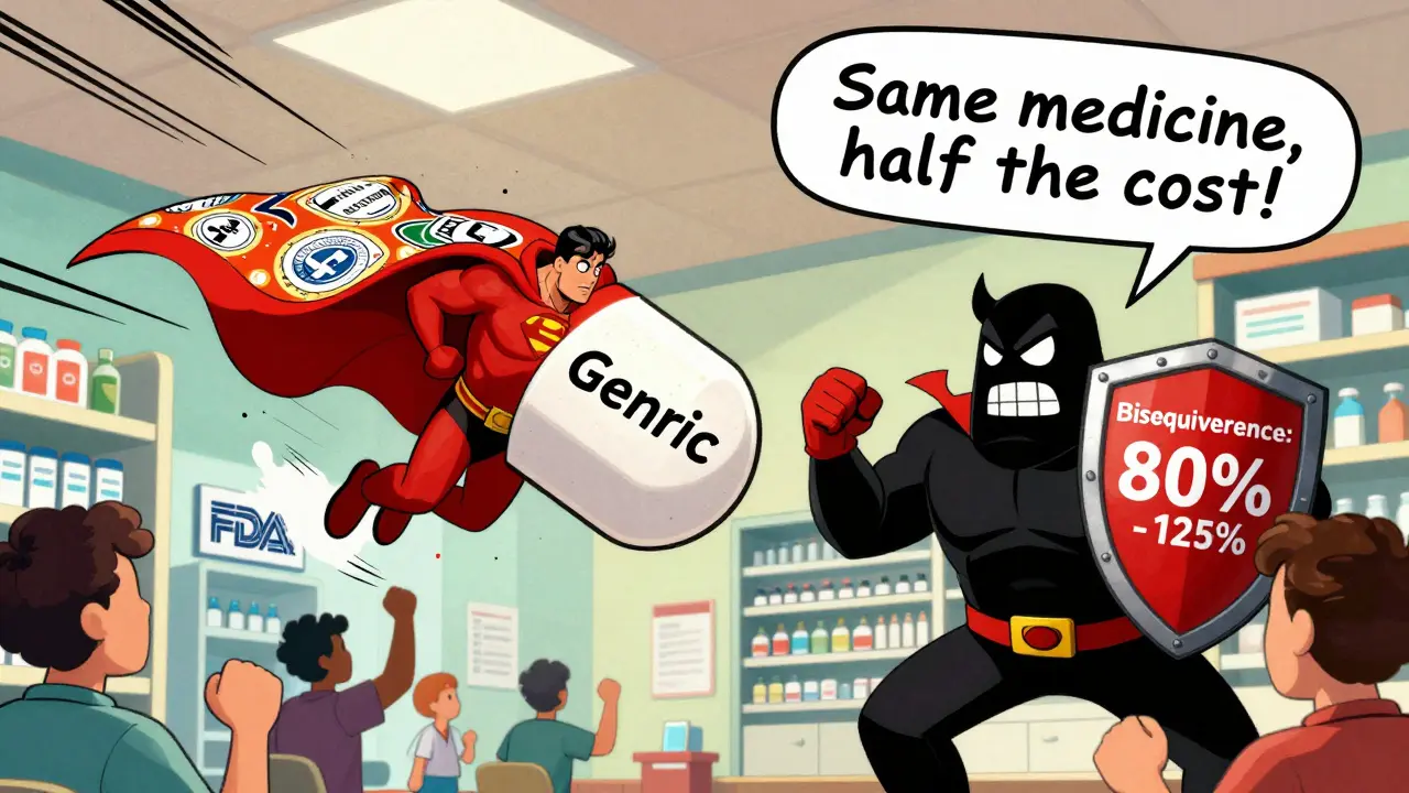 A superhero generic pill with an FDA shield defeating misinformation, patients cheering in a pharmacy.