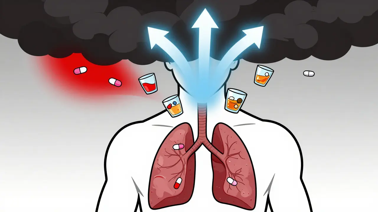 Cartoon illustration of pills blocking oxygen flow to lungs
